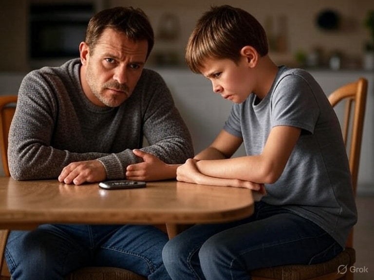 Padre hablando con su hijo sobre el uso del móvil